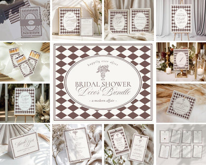 Brown Harlequin Pattern Bridal Shower Template Bundle, Checkered Old Money Luxury Bridal Brunch WP1098