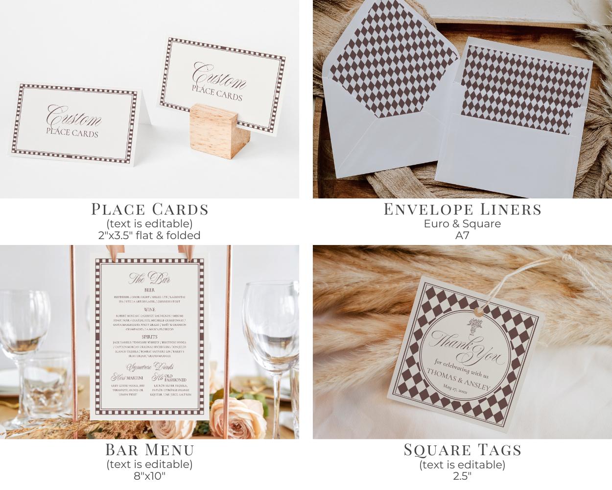 Brown Harlequin Pattern Rehearsal Dinner Template Bundle, Checkered Old Money Luxury Night Before Party WP1098