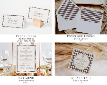 Brown Harlequin Pattern Rehearsal Dinner Template Bundle, Checkered Old Money Luxury Night Before Party WP1098