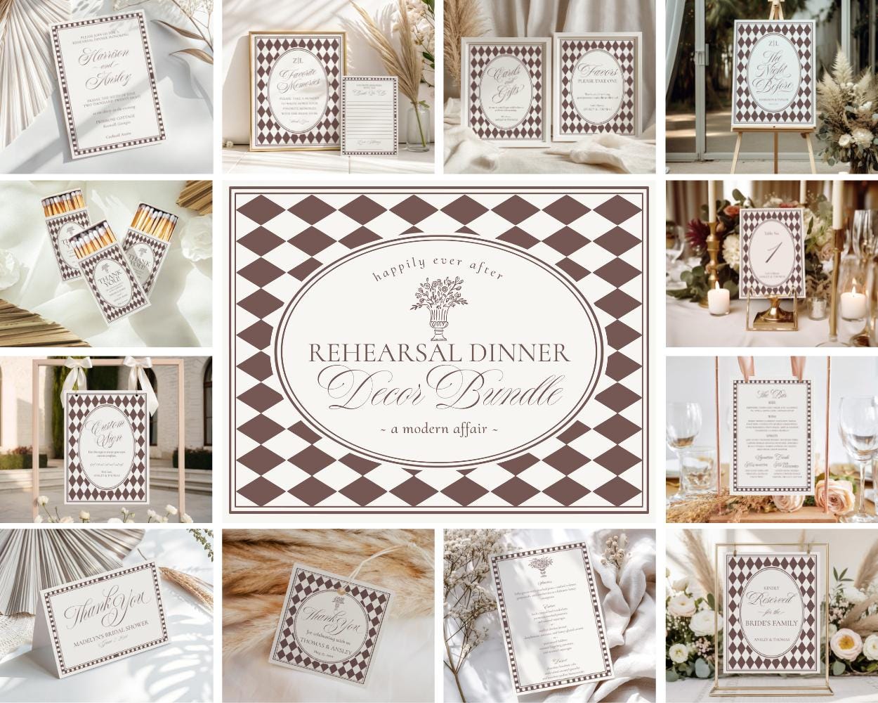 Brown Harlequin Pattern Rehearsal Dinner Template Bundle, Checkered Old Money Luxury Night Before Party WP1098