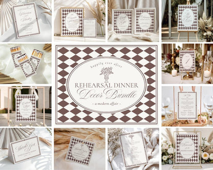 Brown Harlequin Pattern Rehearsal Dinner Template Bundle, Checkered Old Money Luxury Night Before Party WP1098