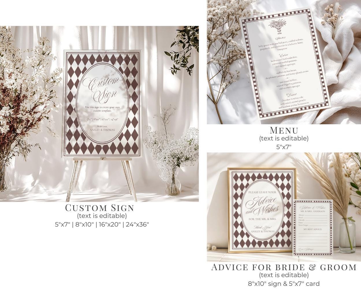Brown Harlequin Pattern Rehearsal Dinner Template Bundle, Checkered Old Money Luxury Night Before Party WP1098