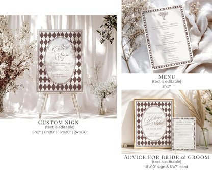 Brown Harlequin Pattern Rehearsal Dinner Template Bundle, Checkered Old Money Luxury Night Before Party WP1098
