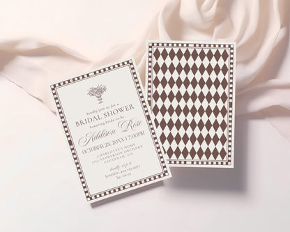 Brown Harlequin Pattern Bridal Shower Template Bundle, Checkered Old Money Luxury Bridal Brunch WP1098