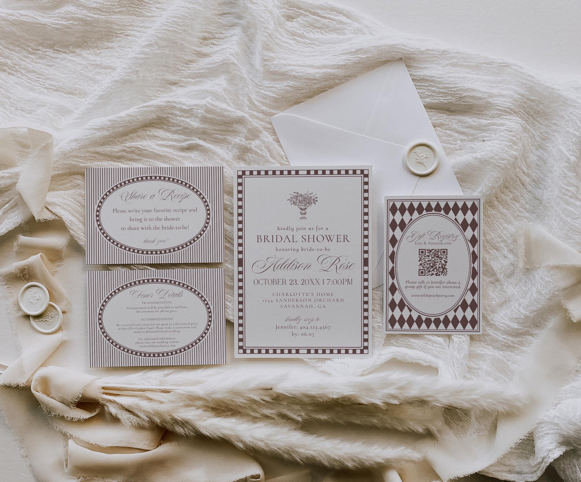 Brown Harlequin Pattern Bridal Shower Template Bundle, Checkered Old Money Luxury Bridal Brunch WP1098