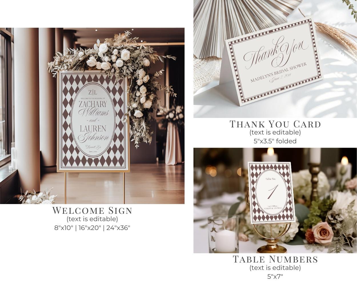 Brown Harlequin Pattern Wedding Template Bundle, Checkered Old Money Luxury Ceremony Black and White Wedding Reception WP1098