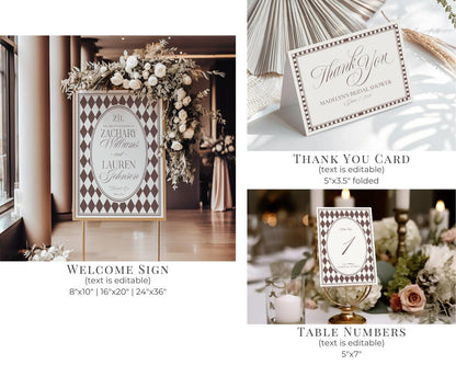 Brown Harlequin Pattern Wedding Template Bundle, Checkered Old Money Luxury Ceremony Black and White Wedding Reception WP1098