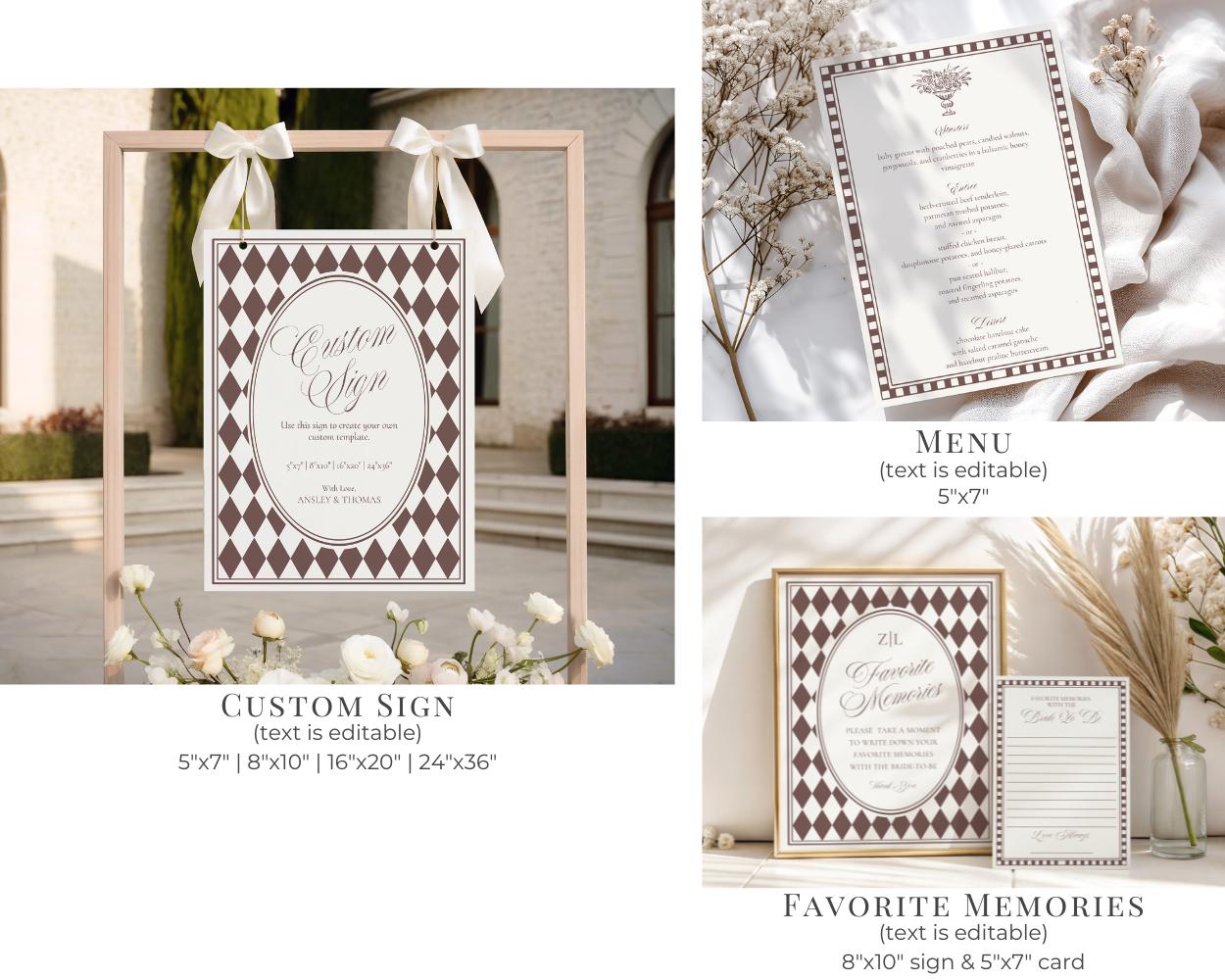 Brown Harlequin Pattern Wedding Template Bundle, Checkered Old Money Luxury Ceremony Black and White Wedding Reception WP1098