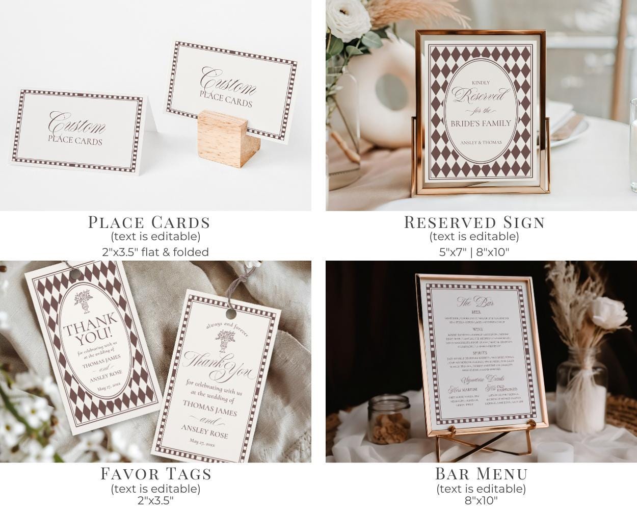 Brown Harlequin Pattern Wedding Template Bundle, Checkered Old Money Luxury Ceremony Black and White Wedding Reception WP1098
