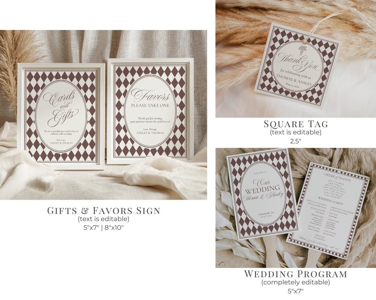 Brown Harlequin Pattern Wedding Template Bundle, Checkered Old Money Luxury Ceremony Black and White Wedding Reception WP1098