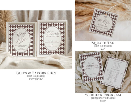 Brown Harlequin Pattern Wedding Template Bundle, Checkered Old Money Luxury Ceremony Black and White Wedding Reception WP1098
