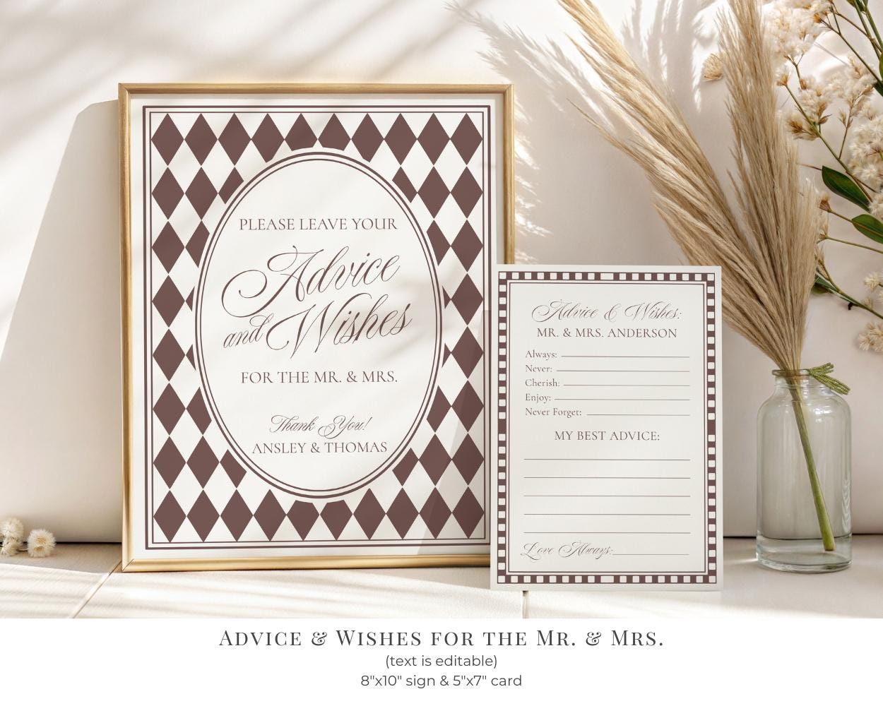 Brown Harlequin Pattern Wedding Template Bundle, Checkered Old Money Luxury Ceremony Black and White Wedding Reception WP1098