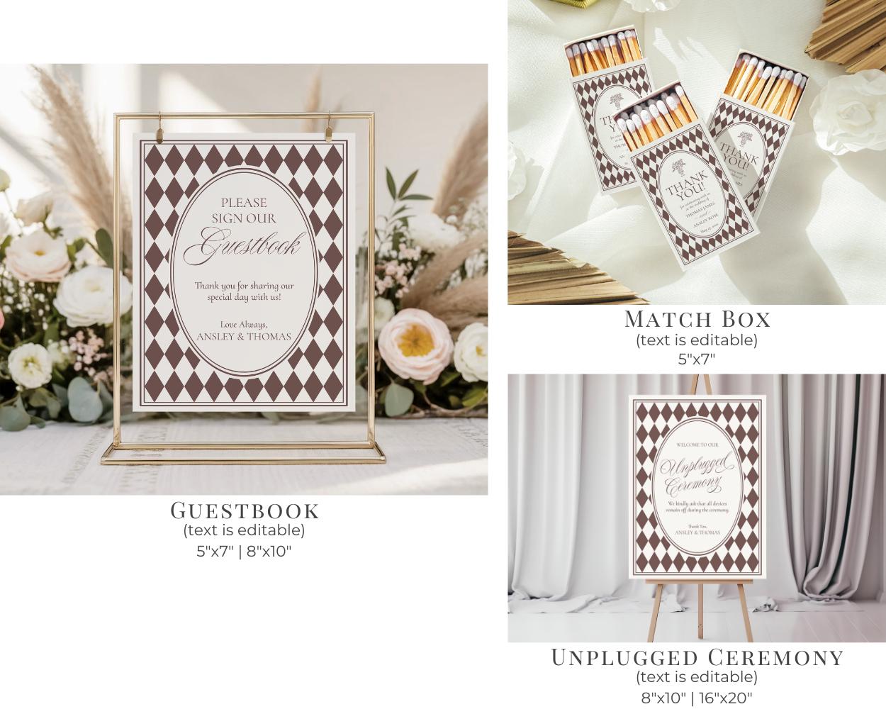 Brown Harlequin Pattern Wedding Template Bundle, Checkered Old Money Luxury Ceremony Black and White Wedding Reception WP1098
