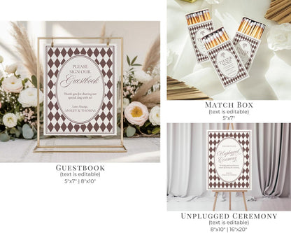 Brown Harlequin Pattern Wedding Template Bundle, Checkered Old Money Luxury Ceremony Black and White Wedding Reception WP1098
