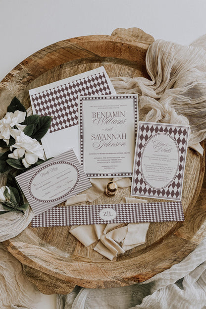 Brown Harlequin Pattern Wedding Template Bundle, Checkered Old Money Luxury Ceremony Black and White Wedding Reception WP1098