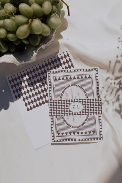 Brown Harlequin Pattern Bridal Shower Invitation Template, Checkered Old Money Luxury Bridal Brunch WP1098