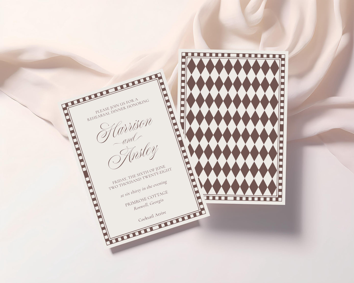 Brown Harlequin Pattern Rehearsal Dinner Invite Template, Checkered Old Money Luxury Night Before Party WP1098