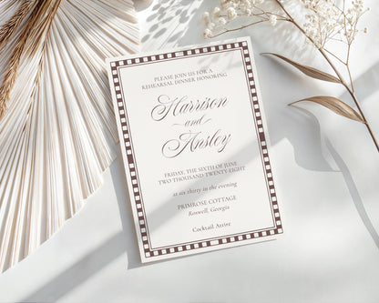 Brown Harlequin Pattern Rehearsal Dinner Invite Template, Checkered Old Money Luxury Night Before Party WP1098
