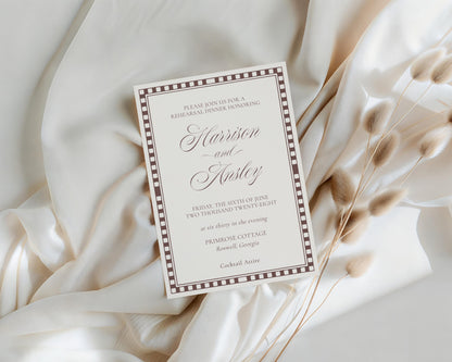 Brown Harlequin Pattern Rehearsal Dinner Invite Template, Checkered Old Money Luxury Night Before Party WP1098