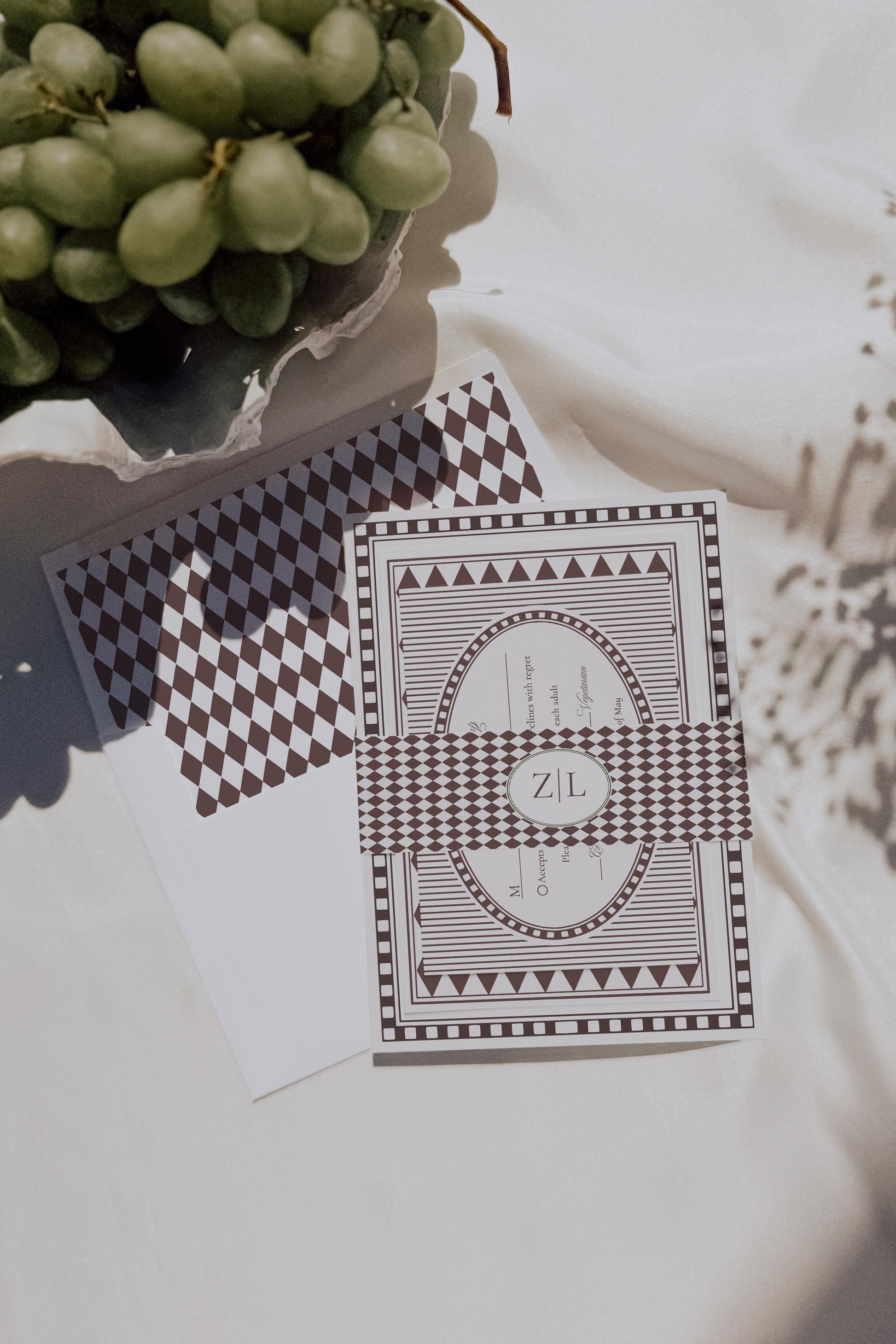 Brown Harlequin Pattern Wedding Invitation Template, Checkered Old Money Luxury Ceremony Black and White Wedding Reception WP1098