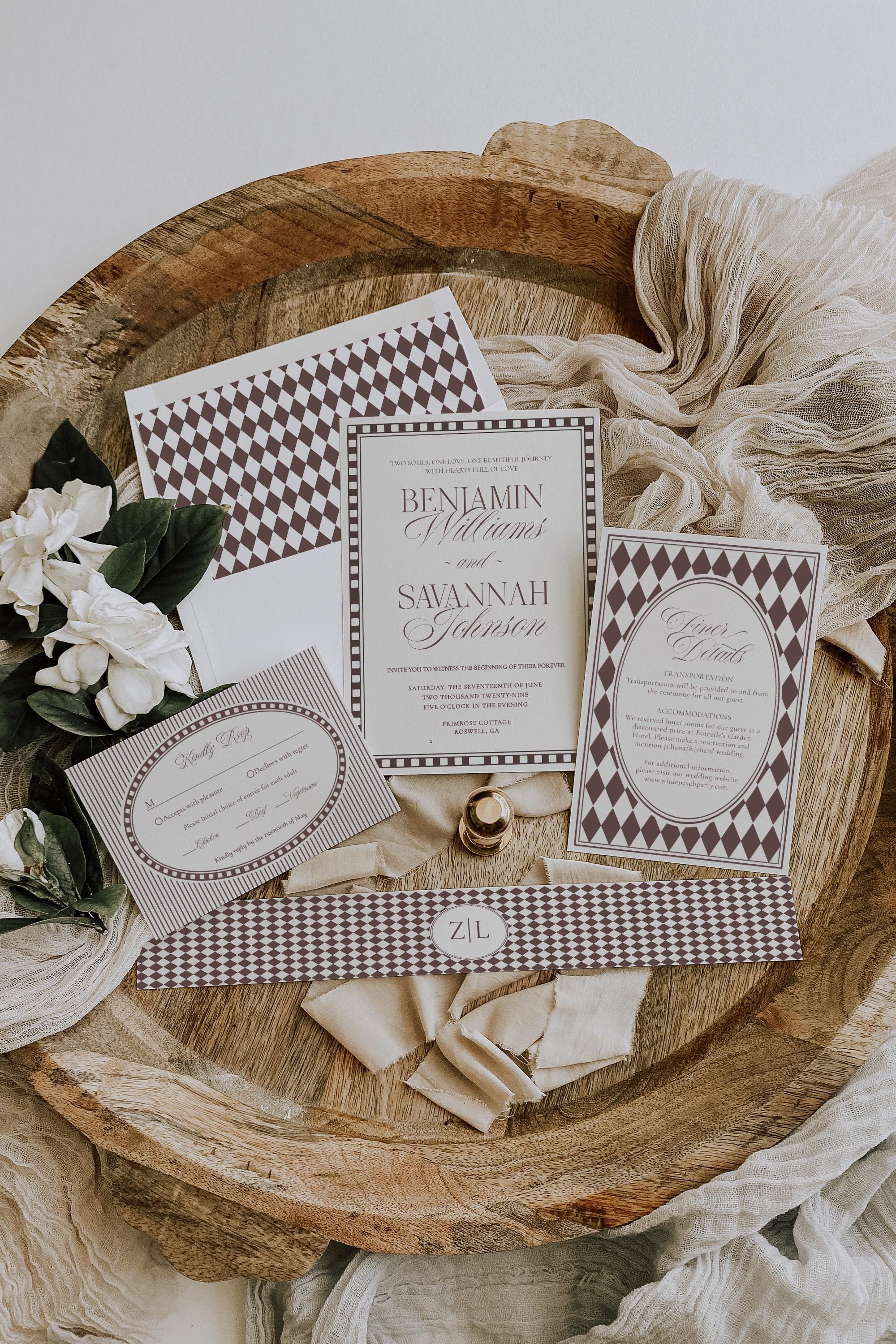 Brown Harlequin Pattern Wedding Invitation Template, Checkered Old Money Luxury Ceremony Black and White Wedding Reception WP1098