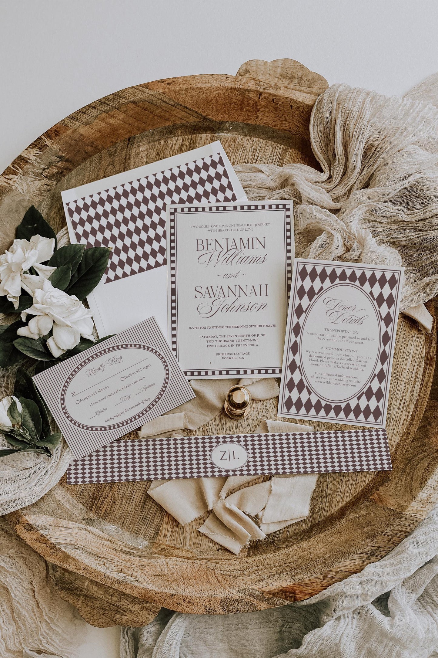 Brown Harlequin Pattern Wedding Invitation Template, Checkered Old Money Luxury Ceremony Black and White Wedding Reception WP1098