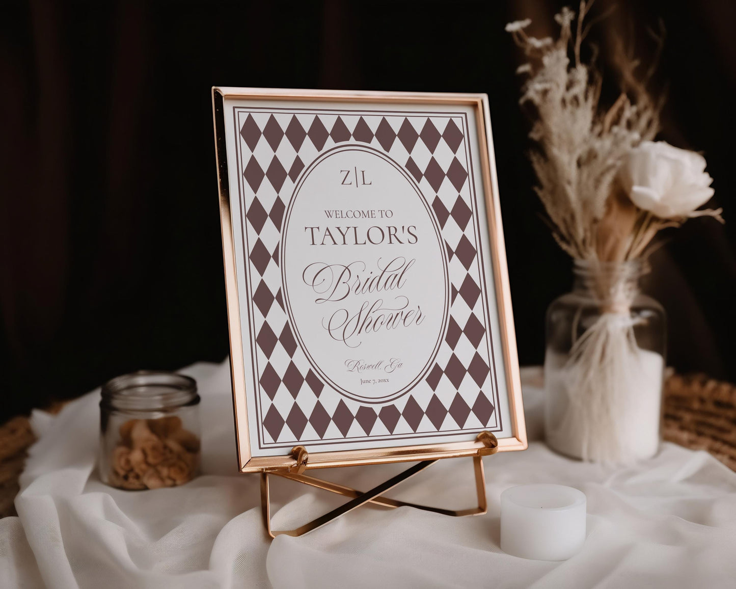 Brown Harlequin Pattern Bridal Shower Welcome Sign Template, Checkered Old Money Luxury Bridal Brunch WP1098