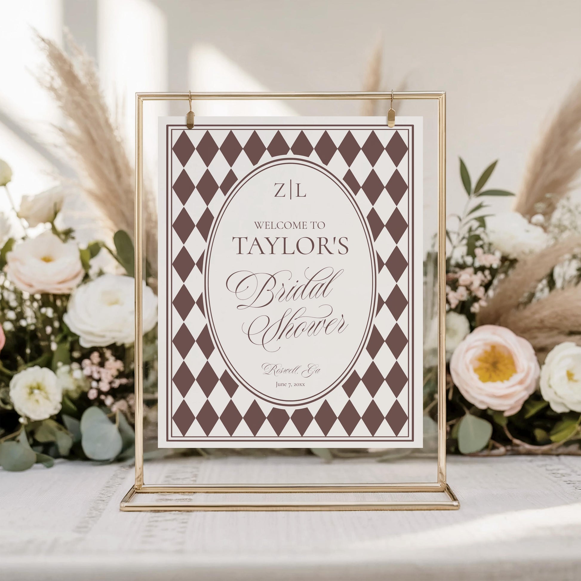 Brown Harlequin Pattern Bridal Shower Welcome Sign Template, Checkered Old Money Luxury Bridal Brunch WP1098