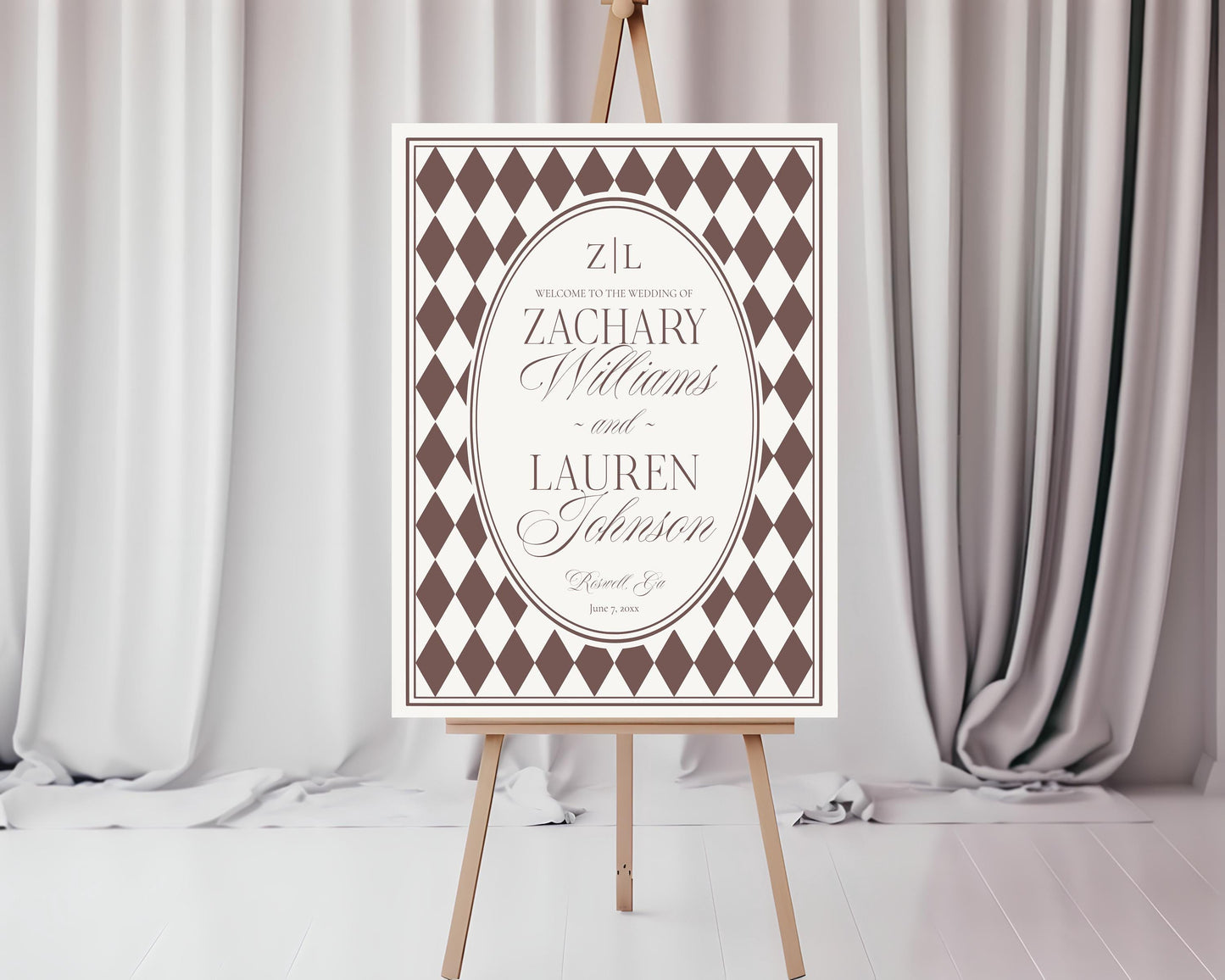 Brown Harlequin Pattern Wedding Welcome Sign Template, Checkered Old Money Luxury Ceremony Black and White Wedding Reception WP1098