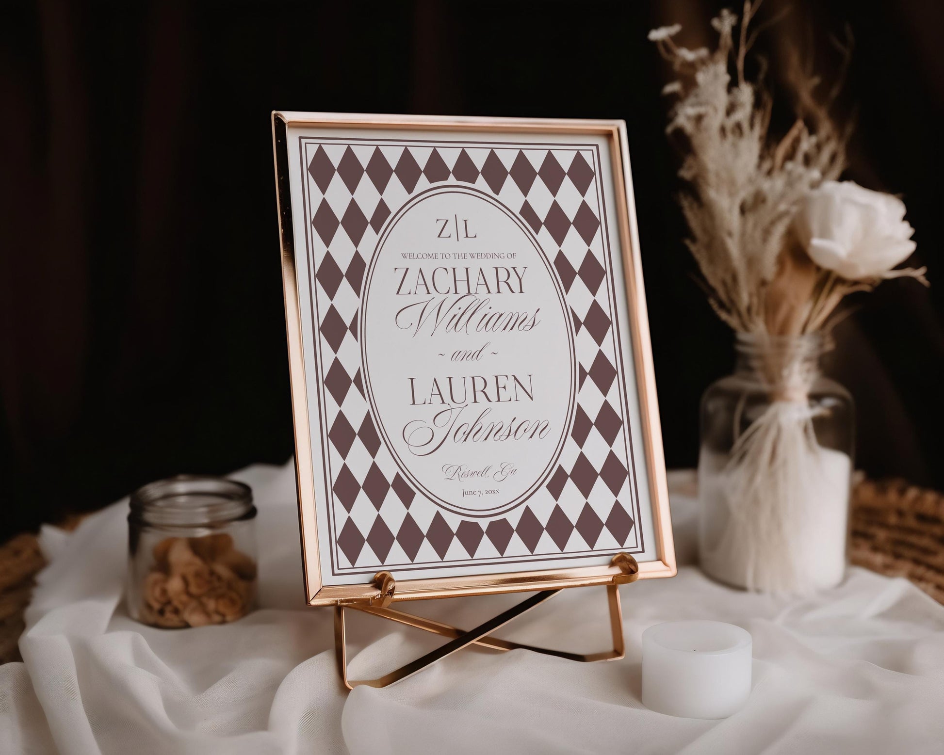 Brown Harlequin Pattern Wedding Welcome Sign Template, Checkered Old Money Luxury Ceremony Black and White Wedding Reception WP1098