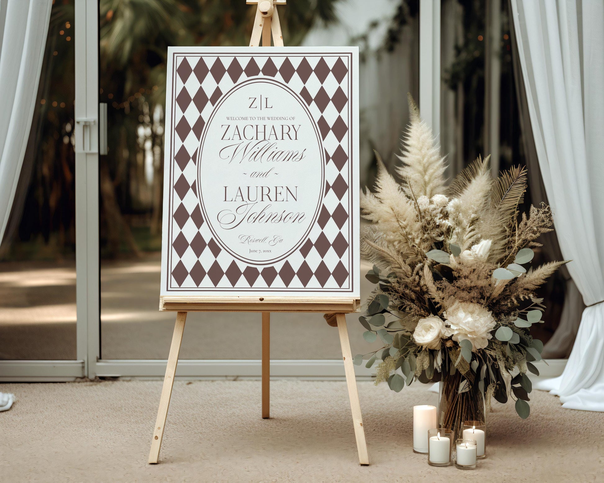 Brown Harlequin Pattern Wedding Welcome Sign Template, Checkered Old Money Luxury Ceremony Black and White Wedding Reception WP1098