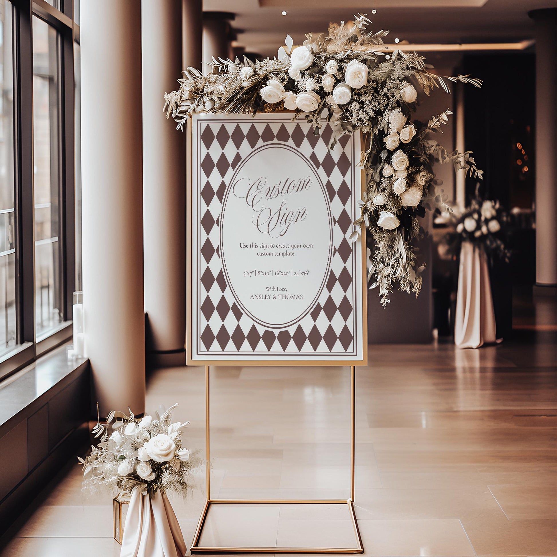 Brown Harlequin Pattern Custom Sign Template, Checkered Old Money Luxury Night Before Bridal Shower, Timeless Wedding Decor WP1098