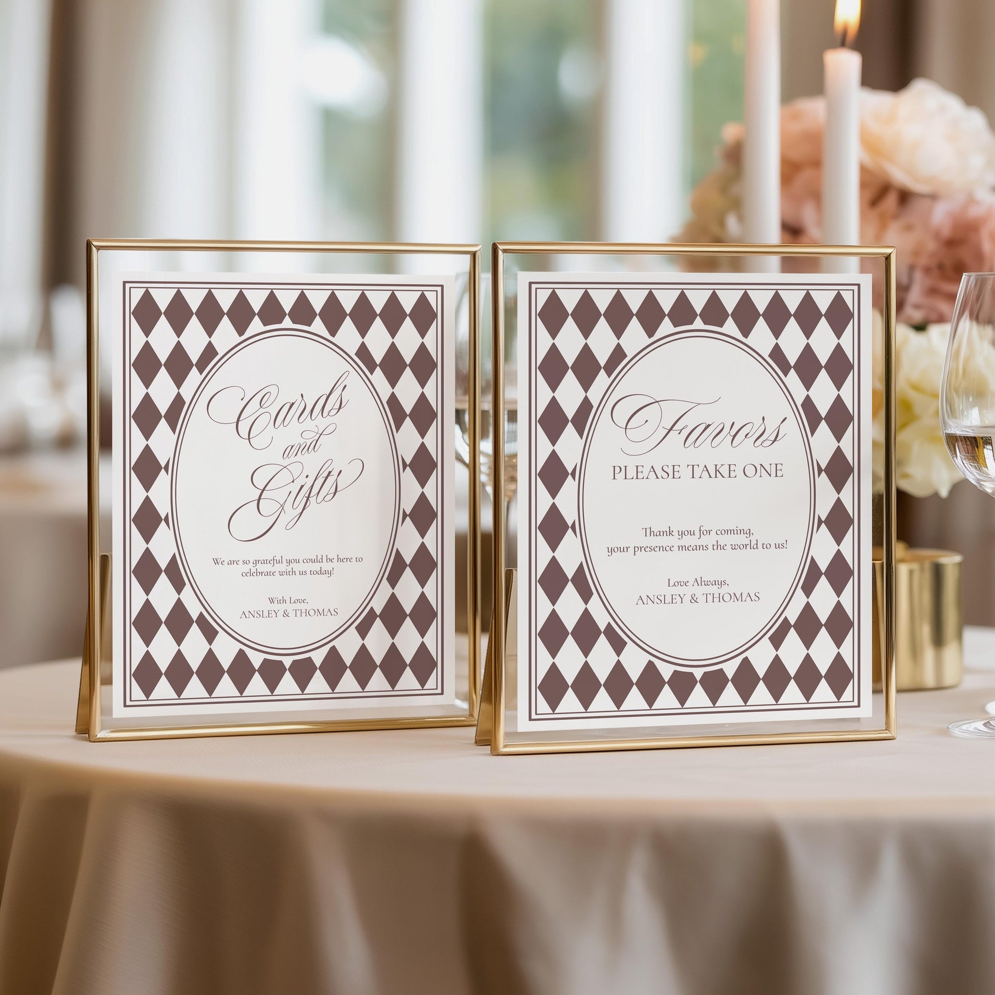 Brown Harlequin Cards & Gifts and Favors Sign Template, Checkered Old Money Luxury Night Before Bridal Shower, Timeless Wedding WP1098