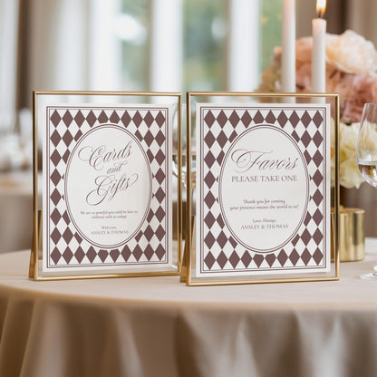 Brown Harlequin Cards & Gifts and Favors Sign Template, Checkered Old Money Luxury Night Before Bridal Shower, Timeless Wedding WP1098