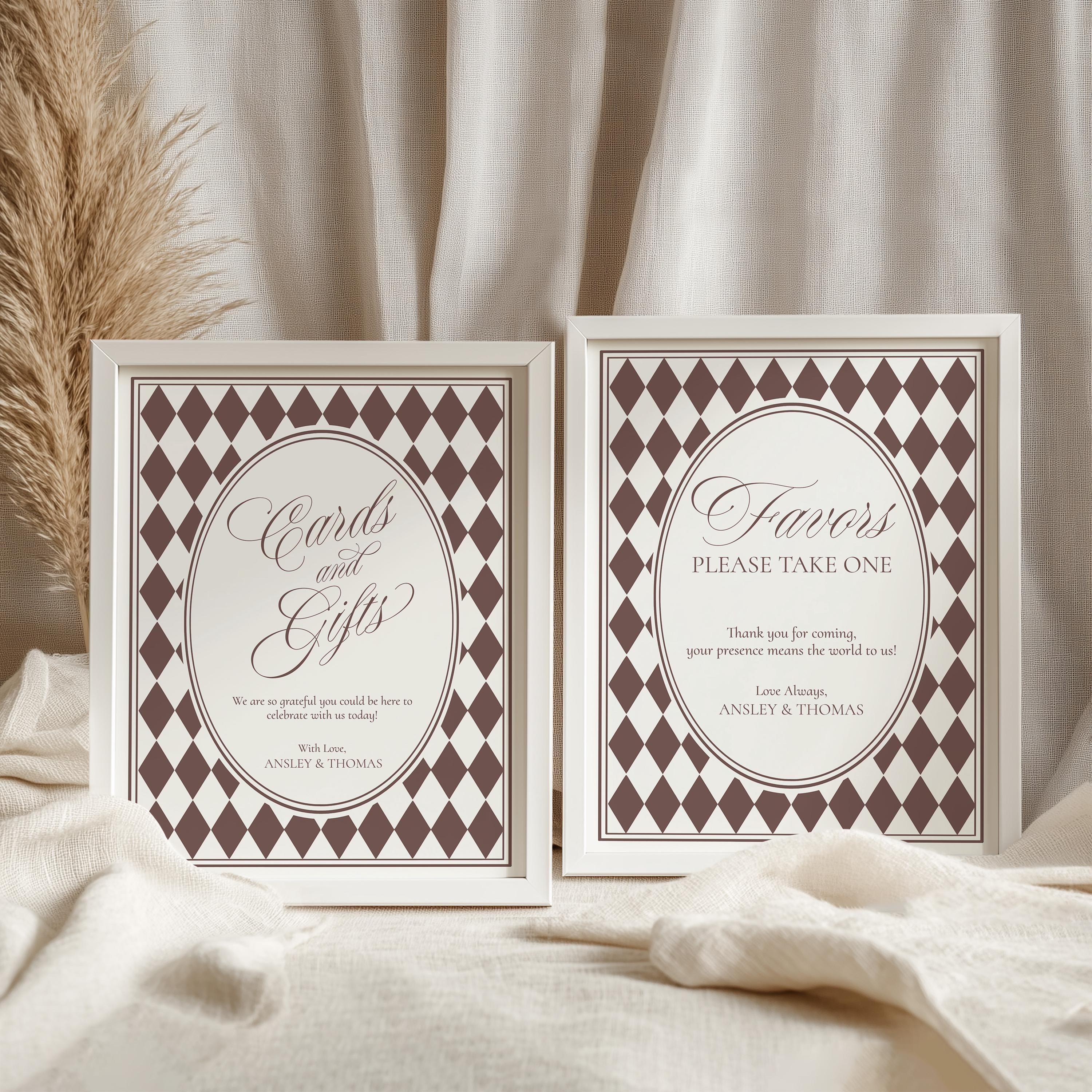 Brown Harlequin Cards & Gifts and Favors Sign Template, Checkered Old Money Luxury Night Before Bridal Shower, Timeless Wedding WP1098