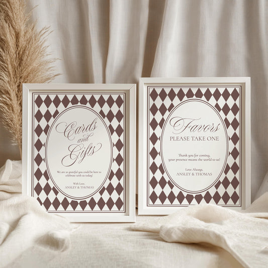 Brown Harlequin Cards & Gifts and Favors Sign Template, Checkered Old Money Luxury Night Before Bridal Shower, Timeless Wedding WP1098