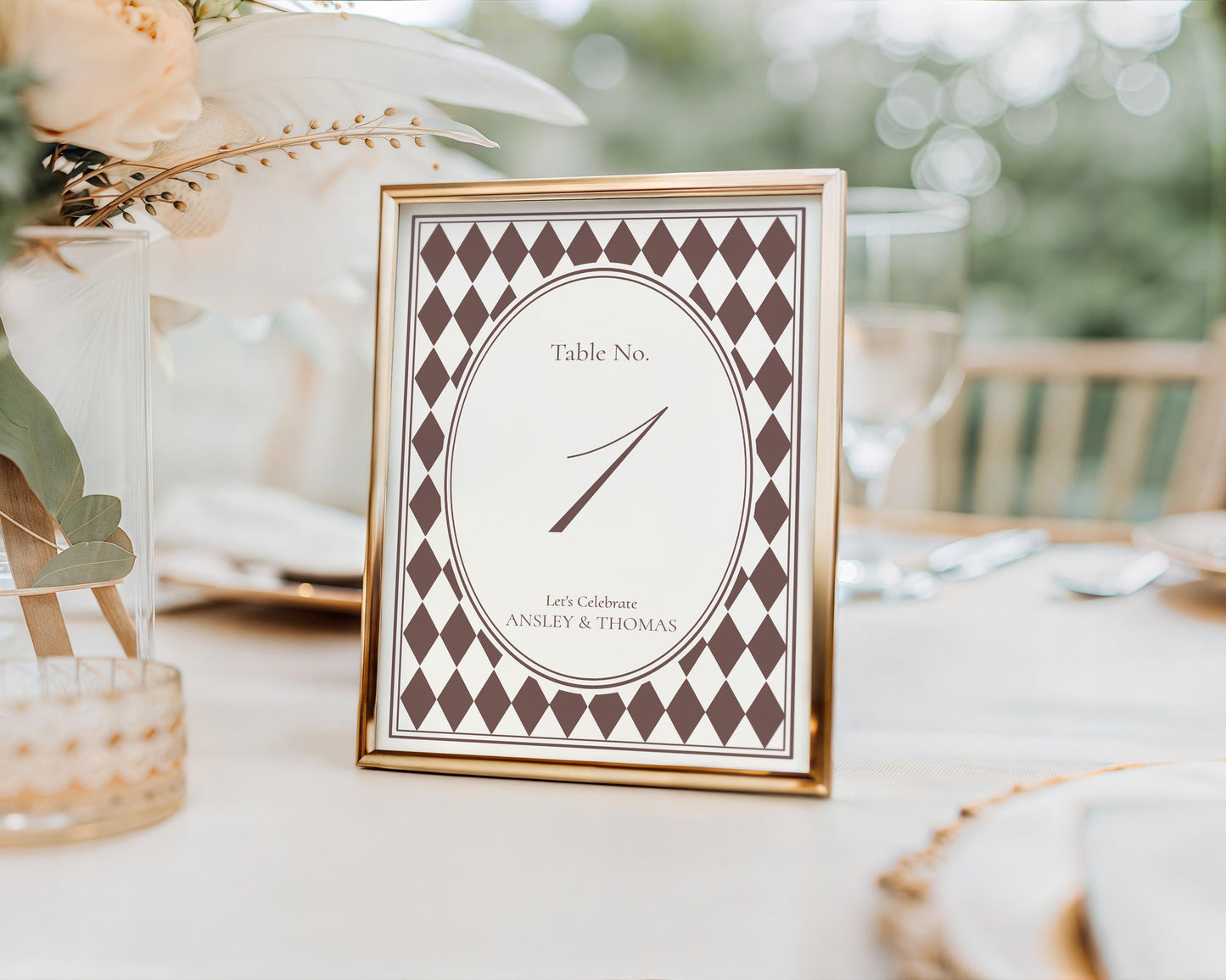 Brown Harlequin Pattern Table Numbers Template, Checkered Old Money Luxury Night Before Bridal Shower, Timeless Wedding Decor WP1098
