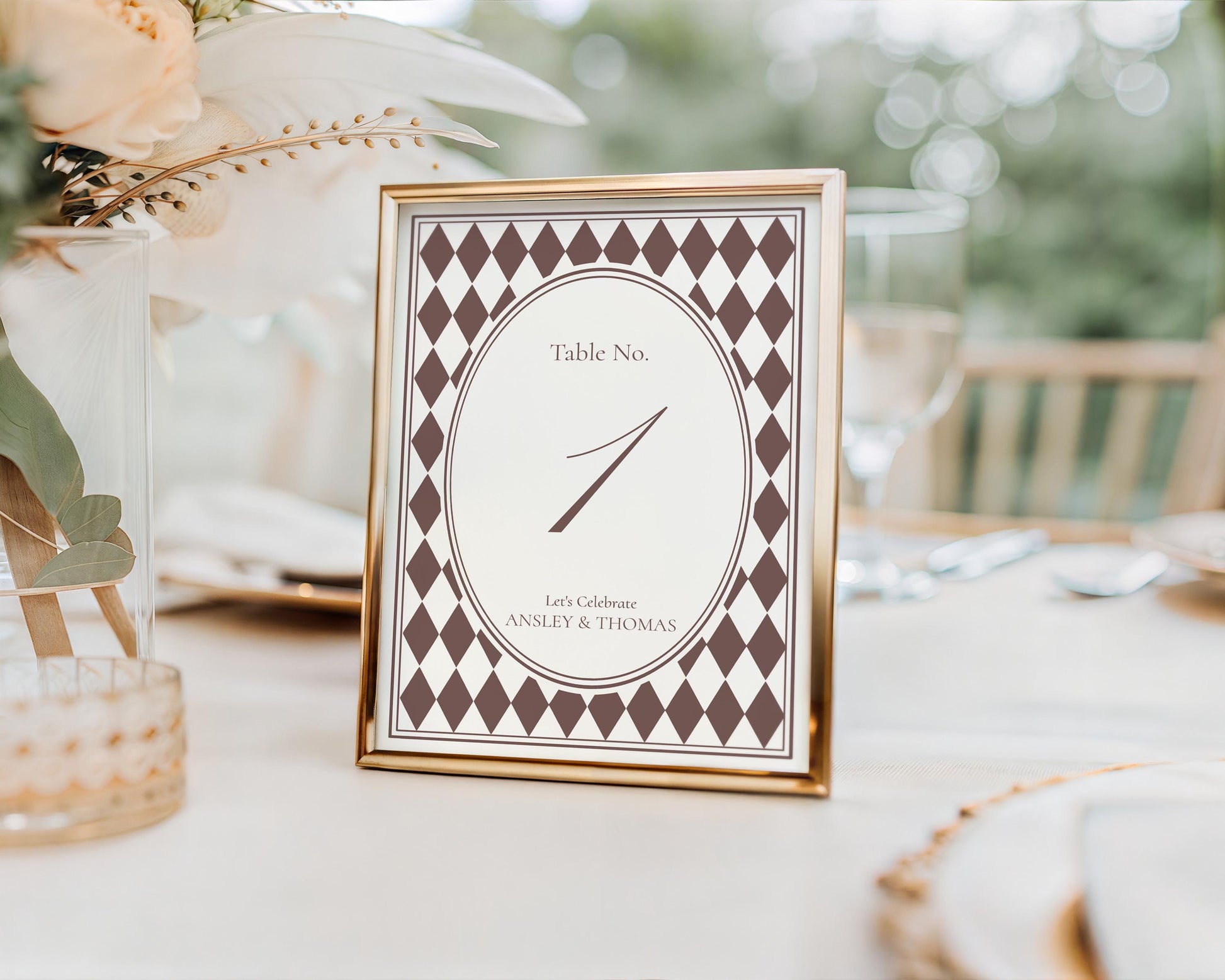 Brown Harlequin Pattern Table Numbers Template, Checkered Old Money Luxury Night Before Bridal Shower, Timeless Wedding Decor WP1098