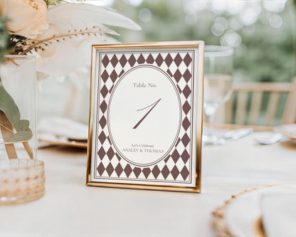 Brown Harlequin Pattern Table Numbers Template, Checkered Old Money Luxury Night Before Bridal Shower, Timeless Wedding Decor WP1098