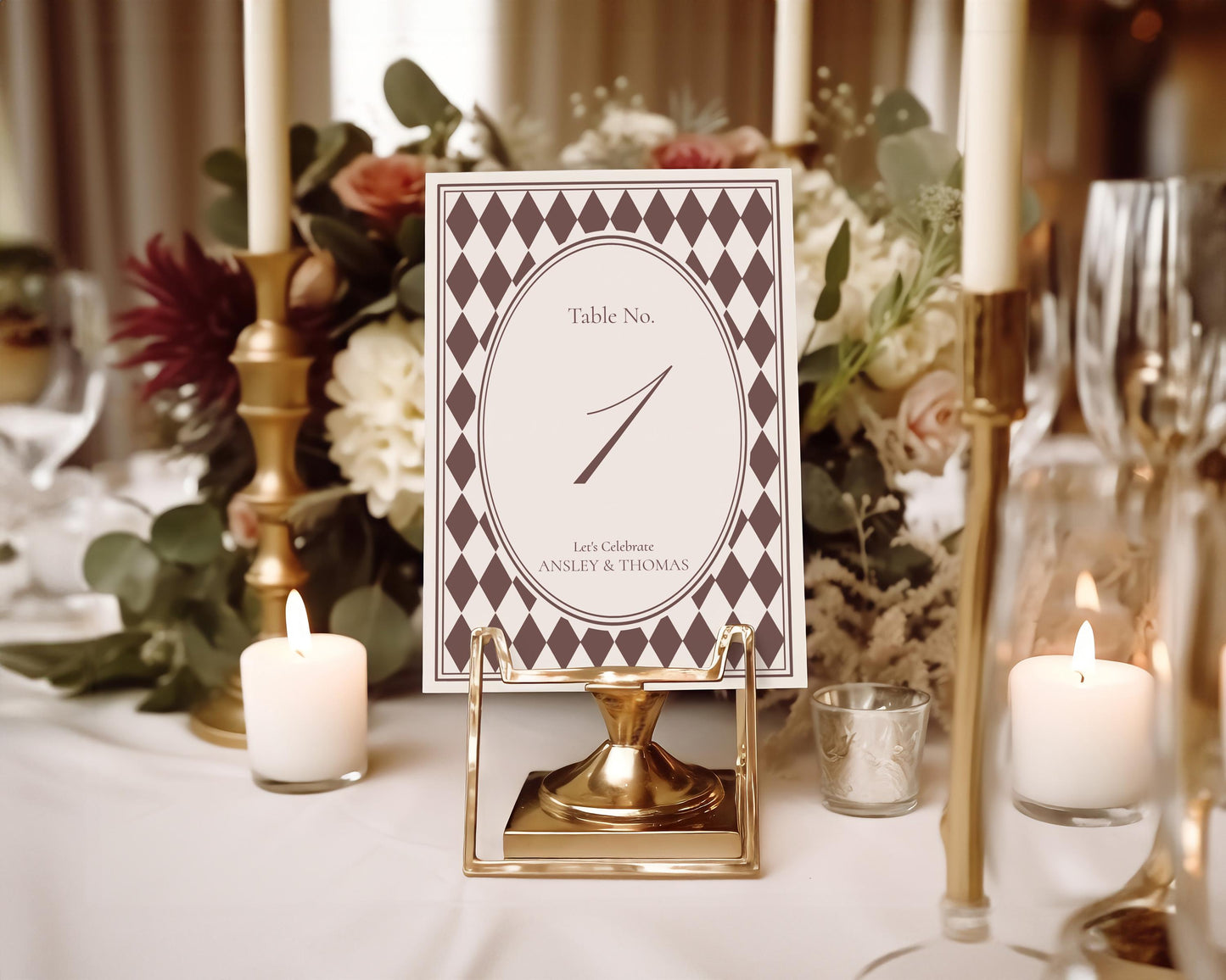 Brown Harlequin Pattern Table Numbers Template, Checkered Old Money Luxury Night Before Bridal Shower, Timeless Wedding Decor WP1098