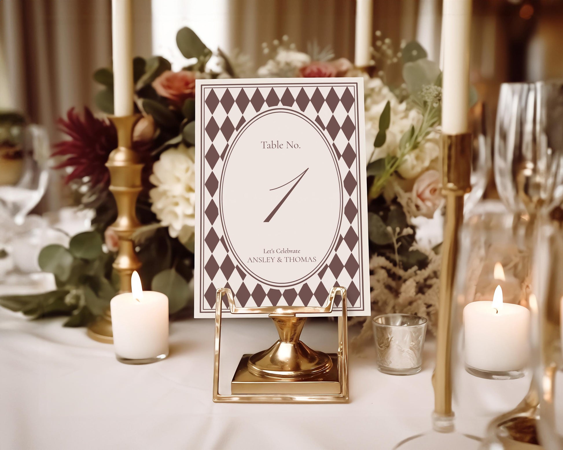 Brown Harlequin Pattern Table Numbers Template, Checkered Old Money Luxury Night Before Bridal Shower, Timeless Wedding Decor WP1098