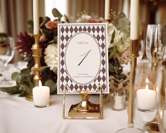 Brown Harlequin Pattern Table Numbers Template, Checkered Old Money Luxury Night Before Bridal Shower, Timeless Wedding Decor WP1098