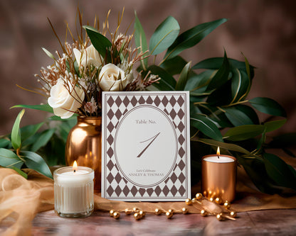 Brown Harlequin Pattern Table Numbers Template, Checkered Old Money Luxury Night Before Bridal Shower, Timeless Wedding Decor WP1098