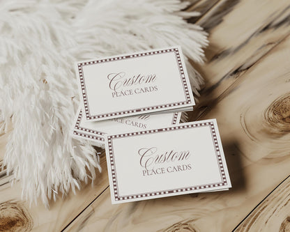 Brown Harlequin Pattern Place Cards Template, Checkered Old Money Luxury Ceremony Black and White Wedding Reception WP1098