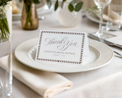 Brown Harlequin Pattern Thank You Card Template, Checkered Old Money Luxury Night Before Bridal Shower, Timeless Wedding Decor WP1098