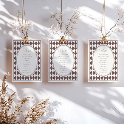 Brown Harlequin Pattern Seating Chart Cards Template, Checkered Old Money Luxury Night Before Bridal Shower, Timeless Wedding Decor WP1098