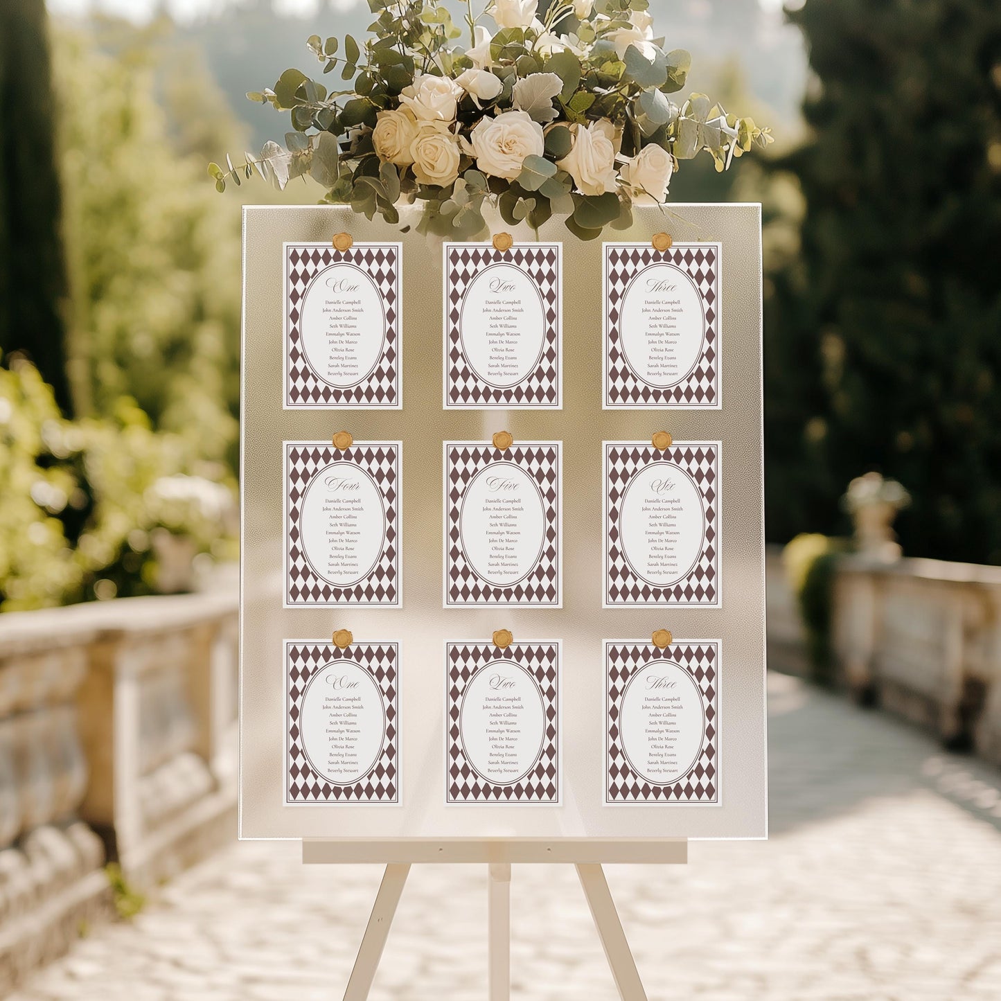 Brown Harlequin Pattern Seating Chart Poster Template, Checkered Old Money Luxury Night Before Bridal Shower, Timeless Wedding Decor WP1098