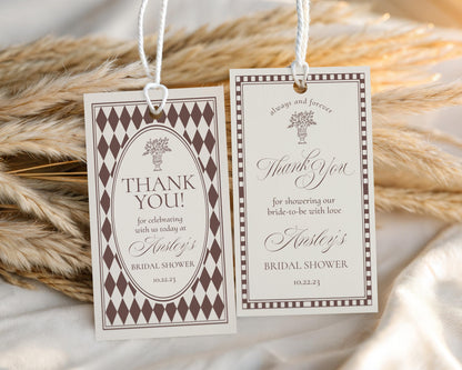 Brown Harlequin Pattern Bridal Shower Favor Tags Template, Checkered Old Money Luxury Bridal Brunch WP1098