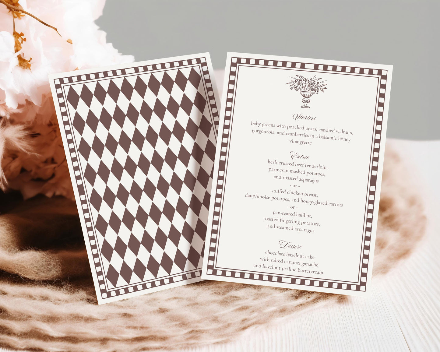 Brown Harlequin Pattern Menu Template, Old Money Bridal Shower, Checkered Old Money Night Before Bridal Shower Timeless Wedding Decor WP1098