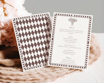 Brown Harlequin Pattern Menu Template, Old Money Bridal Shower, Checkered Old Money Night Before Bridal Shower Timeless Wedding Decor WP1098